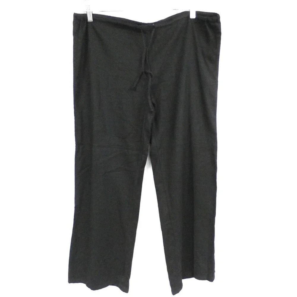 DEREK HEART Black Linen Pants XL / 32 Drawstring Wide Straight Leg Embroidered
